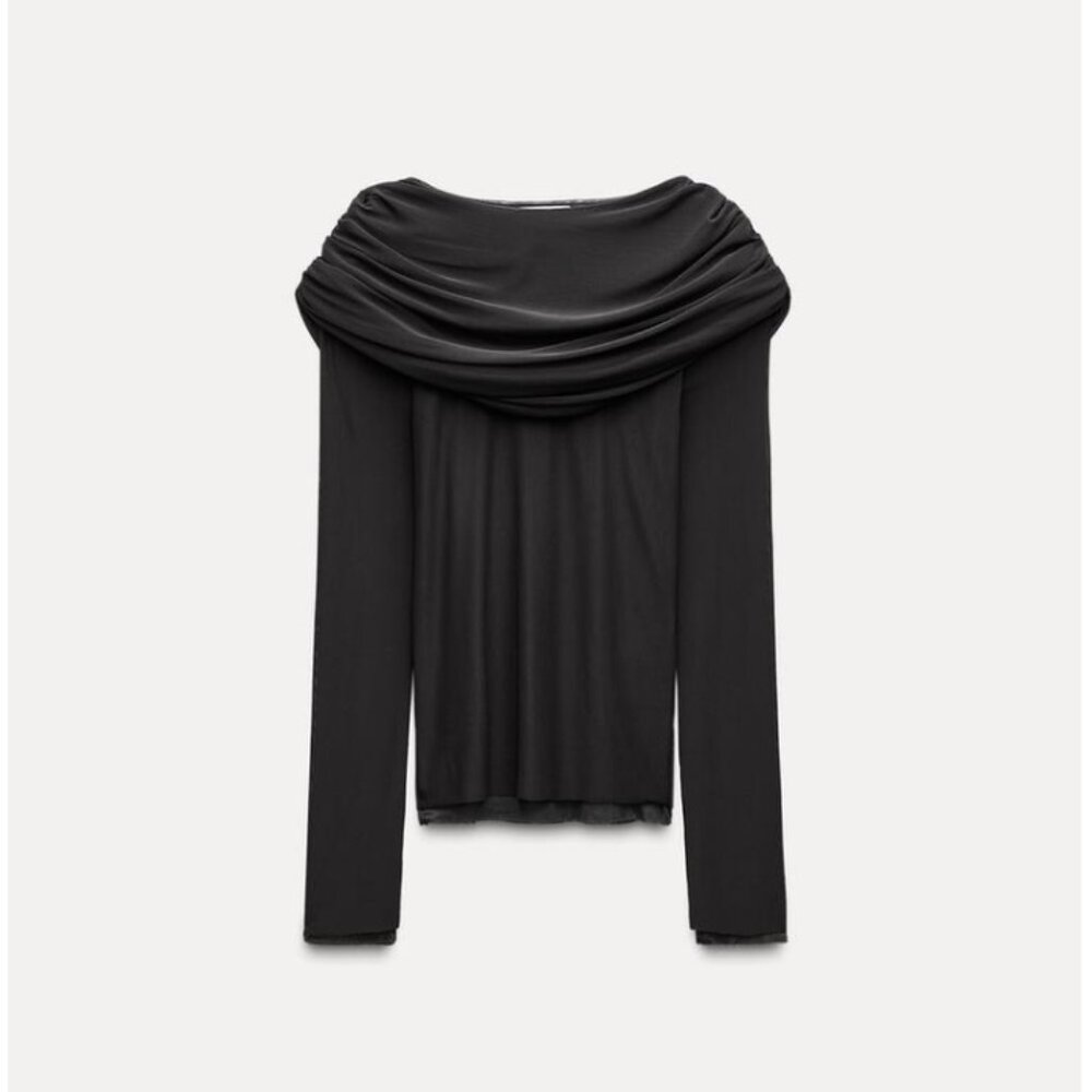 ZARA TULLE DRAPED COLLAR TOP SIZE L